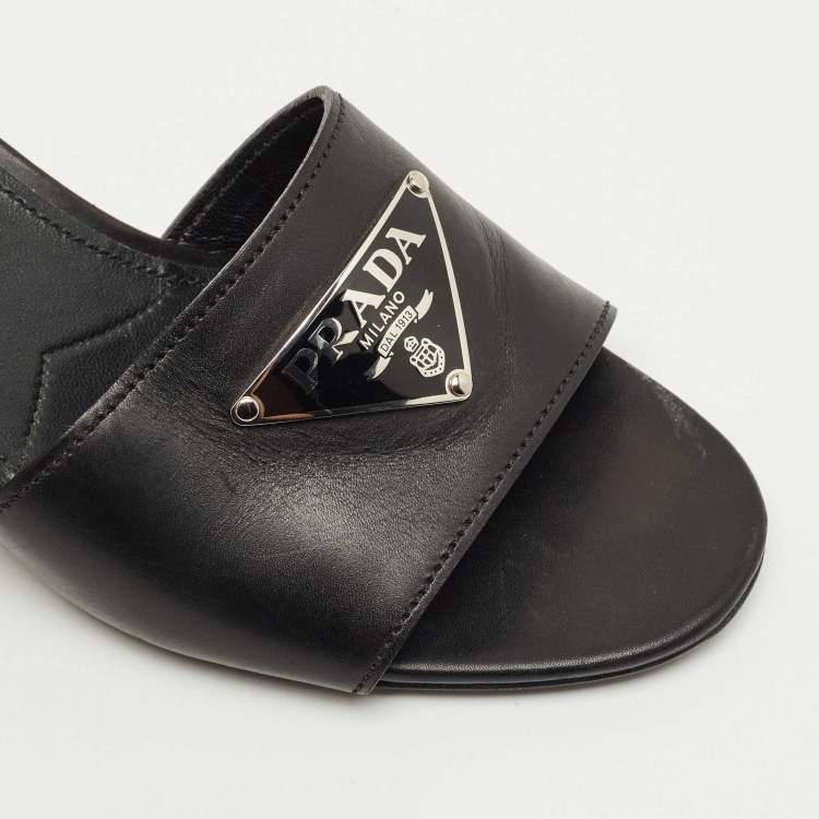 Pre Owned Prada Black Leather Triangle Logo Slide Sandals Size 39.5