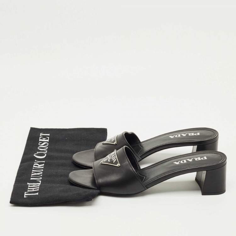 Pre Owned Prada Black Leather Triangle Logo Slide Sandals Size 39.5