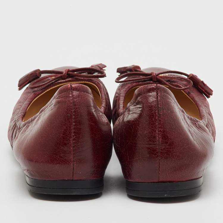 Pre Owned Prada Burgundy Leather Bow Scrunch Ballet Flats Size 37.5