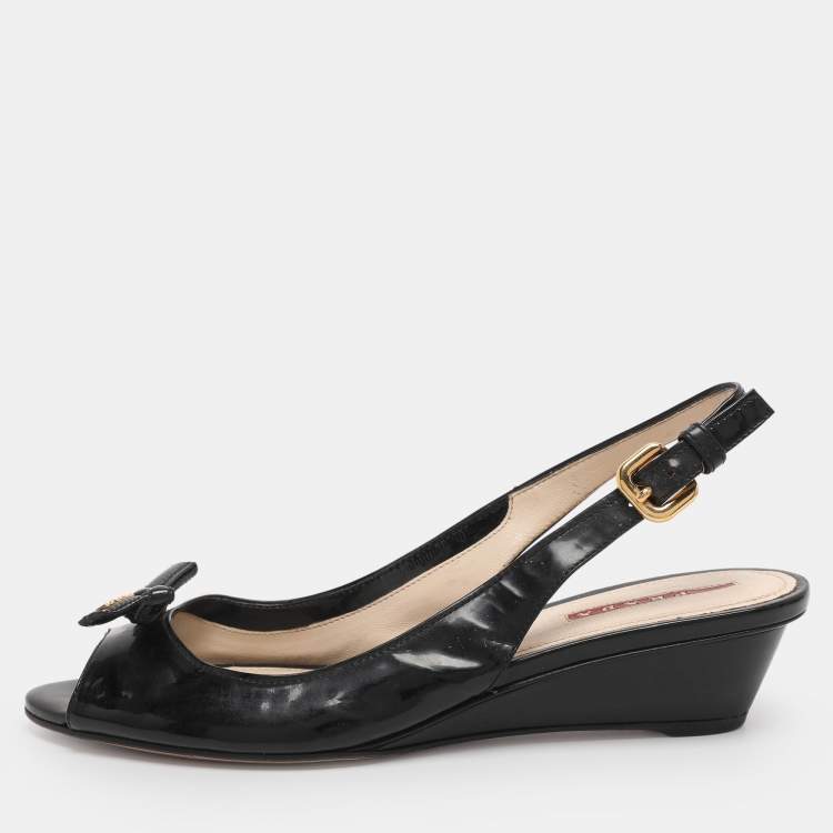 Pre Owned Prada Black Patent Leather Bow Slingback Sandals Size 38