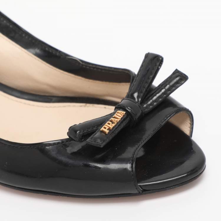 Pre Owned Prada Black Patent Leather Bow Slingback Sandals Size 38