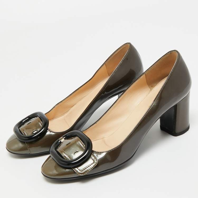 Pre Owned Prada Green Patent Leather Block Heel Pumps Size 36.5
