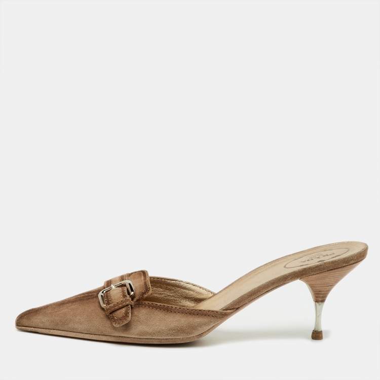 Pre Owned Prada Beige Suede Buckle Detail Pointed Toe Mules Size 40