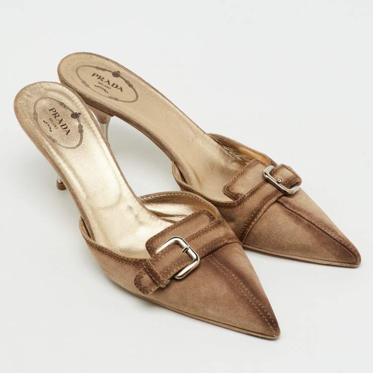 Pre Owned Prada Beige Suede Buckle Detail Pointed Toe Mules Size 40
