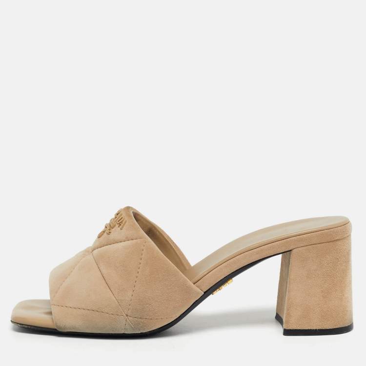 Pre Owned Prada Beige Suede Open Toe Slide Sandals Size 36