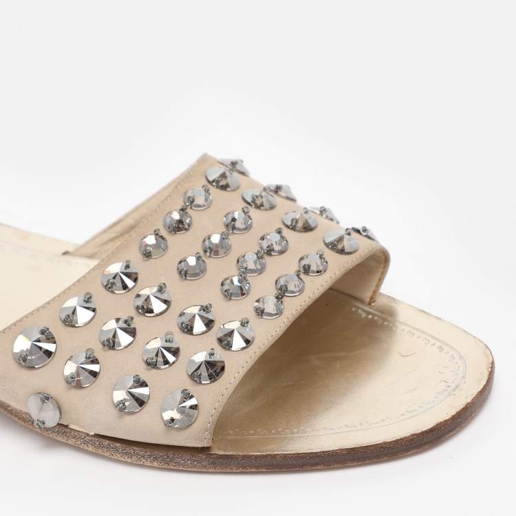 Pre Owned Prada Beige Suede Crystal Embellished Slide Sandals Size 40.5