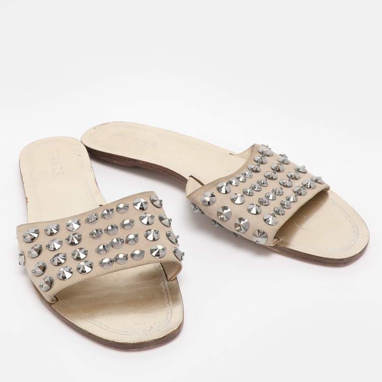 Pre Owned Prada Beige Suede Crystal Embellished Slide Sandals Size 40.5