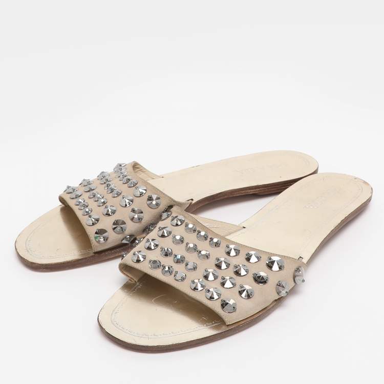 Pre Owned Prada Beige Suede Crystal Embellished Slide Sandals Size 40.5