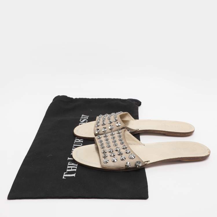 Pre Owned Prada Beige Suede Crystal Embellished Slide Sandals Size 40.5