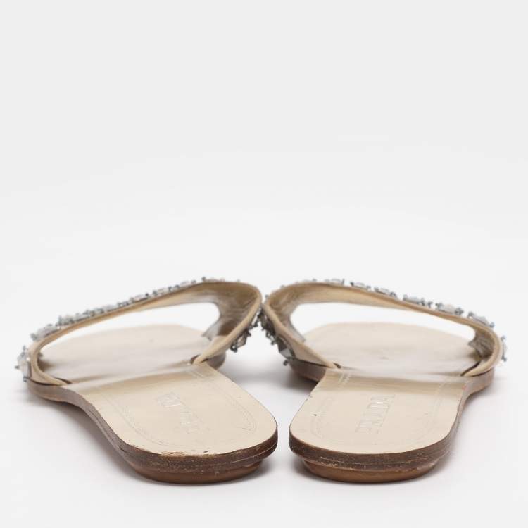 Pre Owned Prada Beige Suede Crystal Embellished Slide Sandals Size 40.5