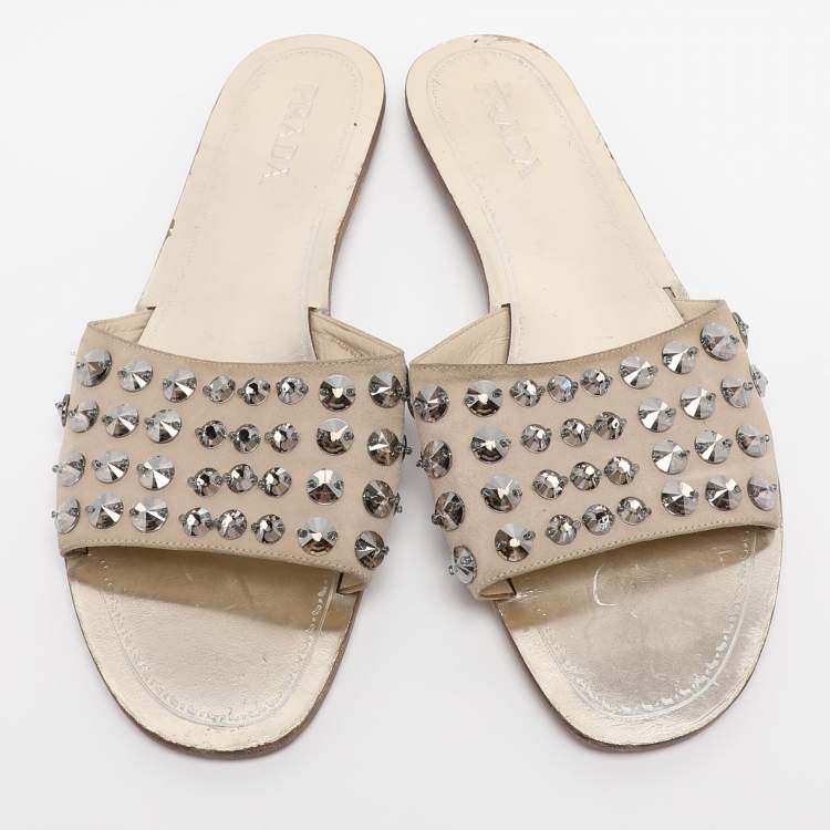 Pre Owned Prada Beige Suede Crystal Embellished Slide Sandals Size 40.5