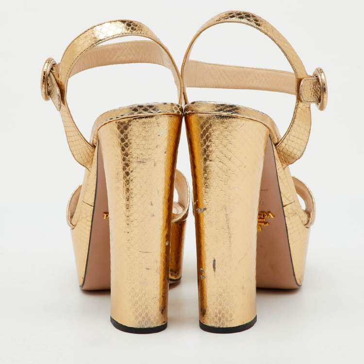 Pre Owned Prada Metallic Gold Python Embossed Leather Ankle Strap Platform Sandals Size 36.5