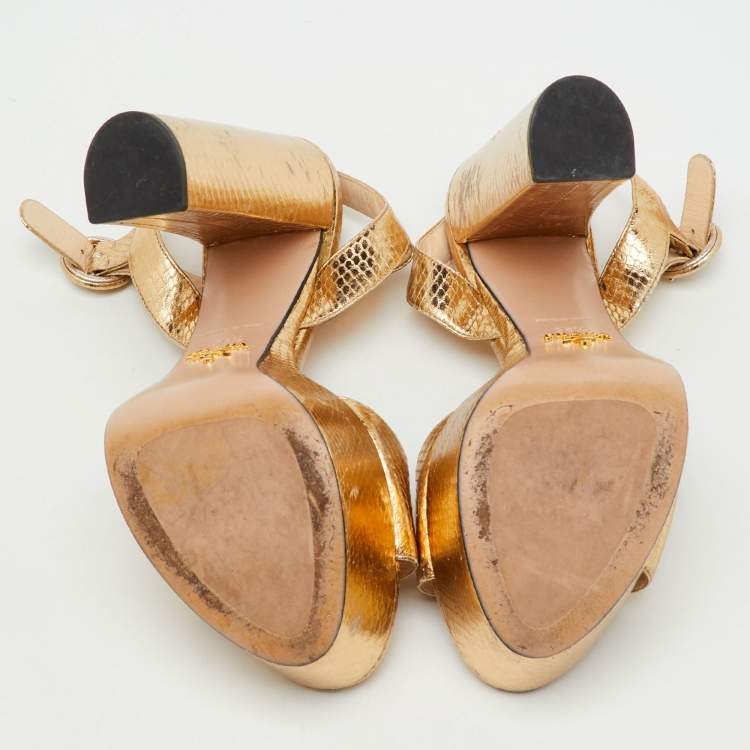 Pre Owned Prada Metallic Gold Python Embossed Leather Ankle Strap Platform Sandals Size 36.5