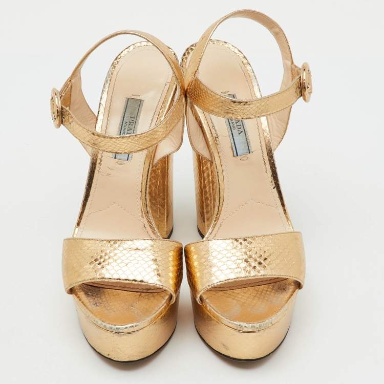 Pre Owned Prada Metallic Gold Python Embossed Leather Ankle Strap Platform Sandals Size 36.5