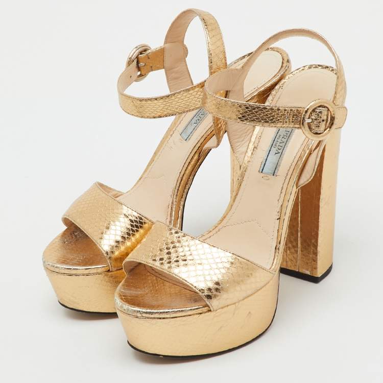 Pre Owned Prada Metallic Gold Python Embossed Leather Ankle Strap Platform Sandals Size 36.5