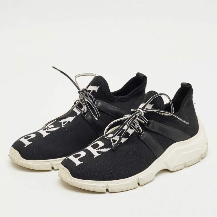 Pre Owned Prada Black Knit Fabric and Leather Lace Up Sneakers Size 35