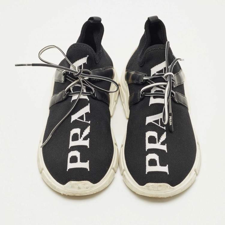 Pre Owned Prada Black Knit Fabric and Leather Lace Up Sneakers Size 35