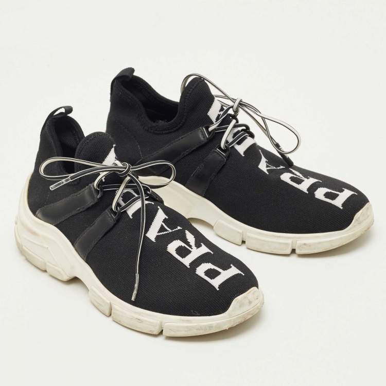 Pre Owned Prada Black Knit Fabric and Leather Lace Up Sneakers Size 35