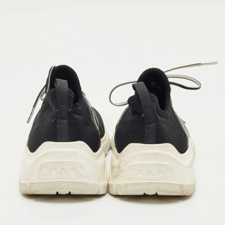 Pre Owned Prada Black Knit Fabric and Leather Lace Up Sneakers Size 35