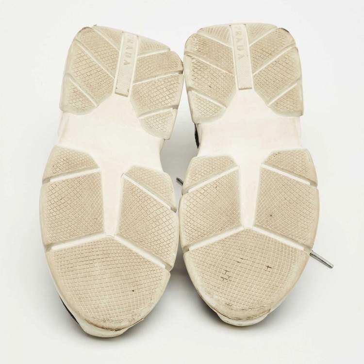 Pre Owned Prada Black Knit Fabric and Leather Lace Up Sneakers Size 35