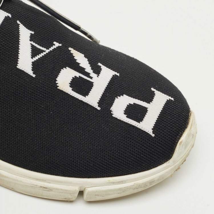 Pre Owned Prada Black Knit Fabric and Leather Lace Up Sneakers Size 35