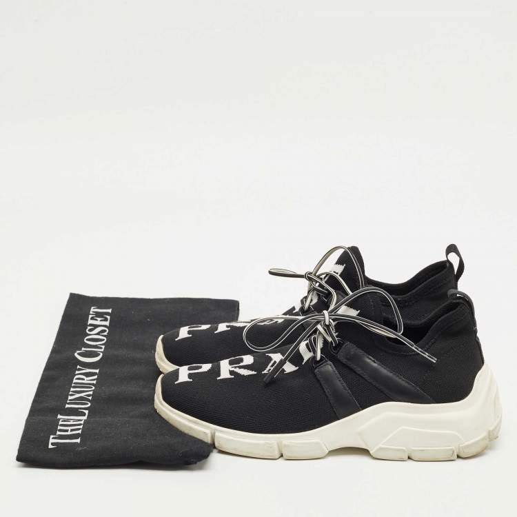 Pre Owned Prada Black Knit Fabric and Leather Lace Up Sneakers Size 35