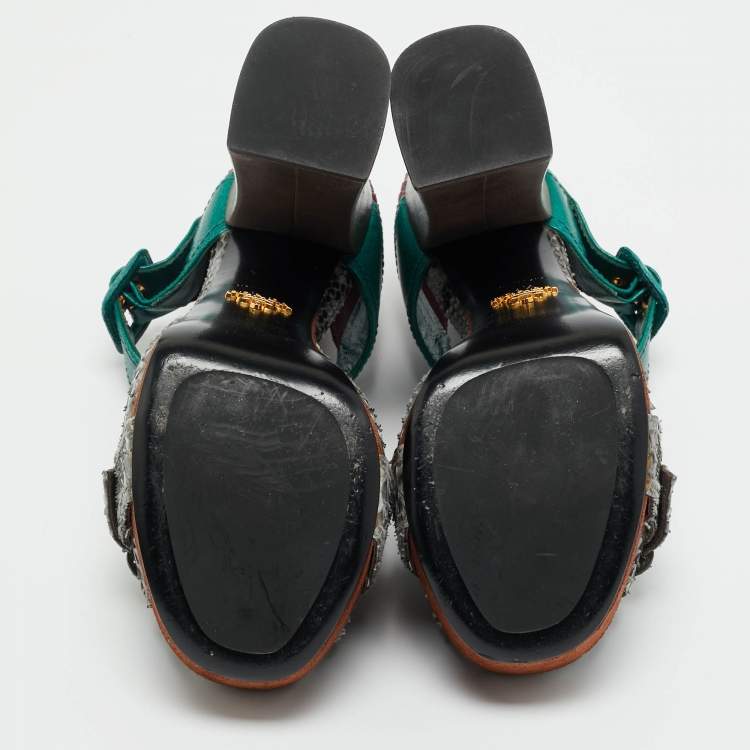 Pre Owned Prada Multicolor Python and Leather Ankle Strap Platform Sandals Size 37.5