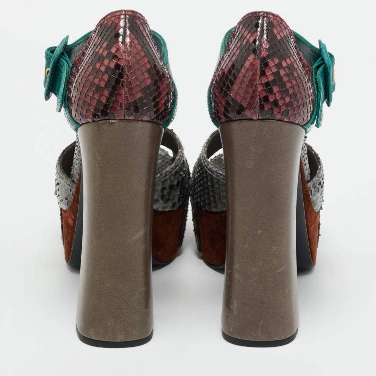 Pre Owned Prada Multicolor Python and Leather Ankle Strap Platform Sandals Size 37.5