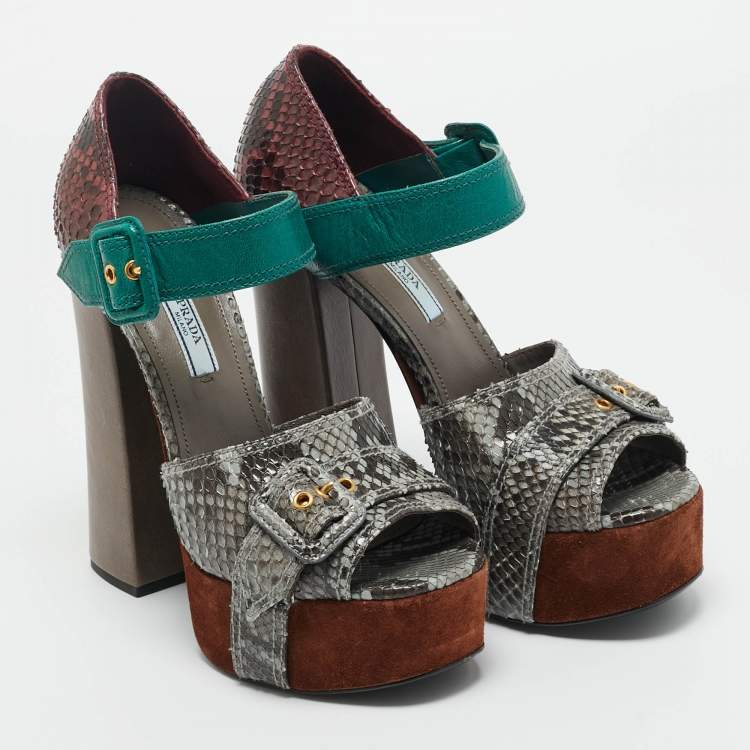Pre Owned Prada Multicolor Python and Leather Ankle Strap Platform Sandals Size 37.5