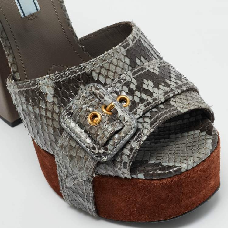 Pre Owned Prada Multicolor Python and Leather Ankle Strap Platform Sandals Size 37.5