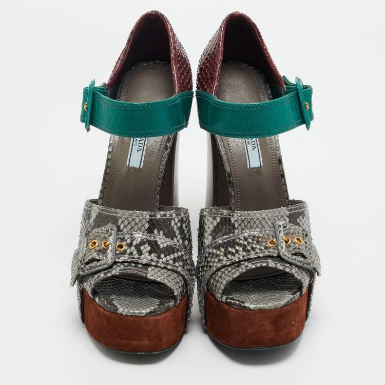 Pre Owned Prada Multicolor Python and Leather Ankle Strap Platform Sandals Size 37.5