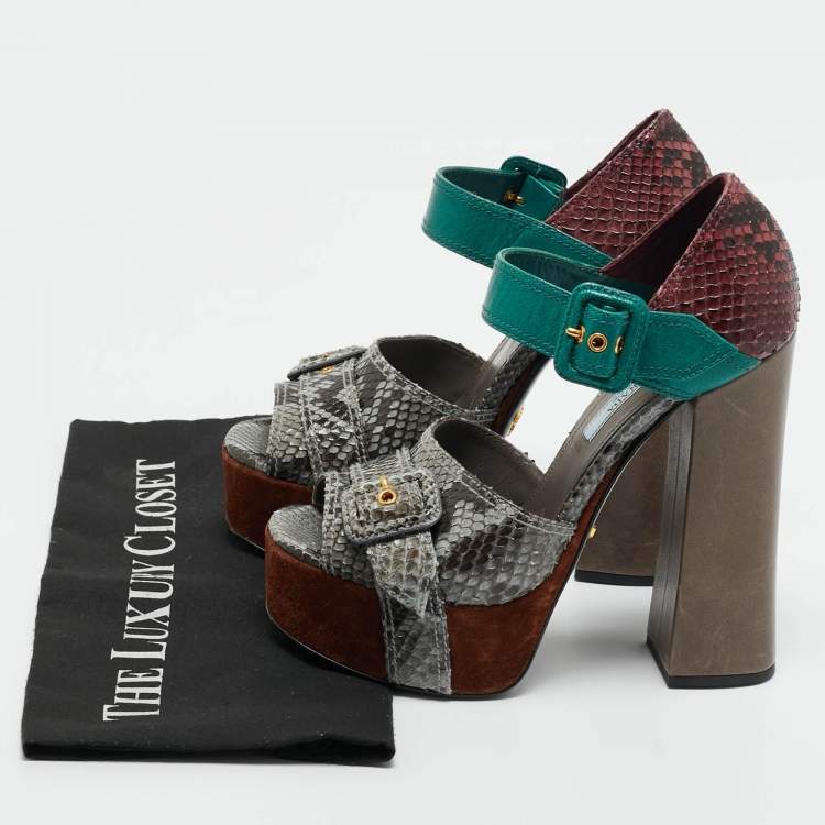 Pre Owned Prada Multicolor Python and Leather Ankle Strap Platform Sandals Size 37.5