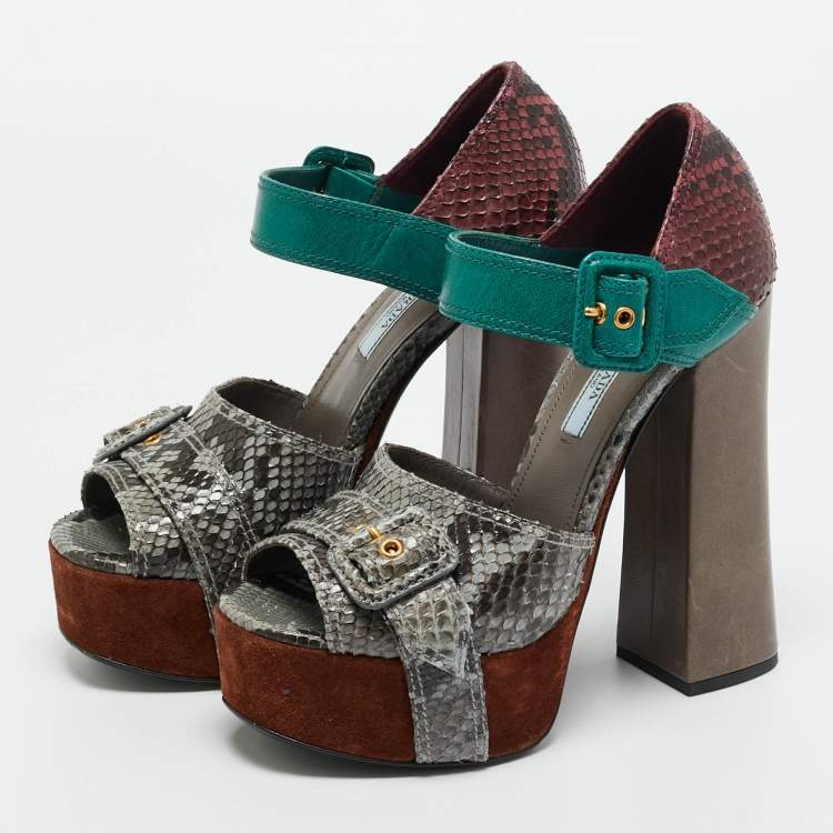 Pre Owned Prada Multicolor Python and Leather Ankle Strap Platform Sandals Size 37.5
