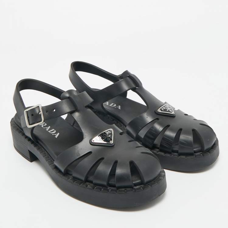 Pre Owned Prada Black Rubber Monolith Ankle Strap Sandals Size 40