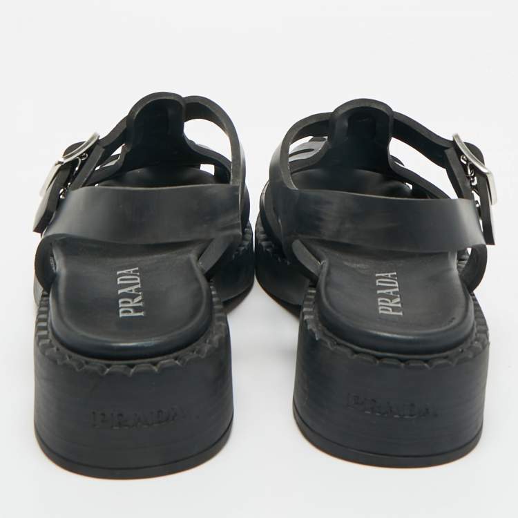 Pre Owned Prada Black Rubber Monolith Ankle Strap Sandals Size 40