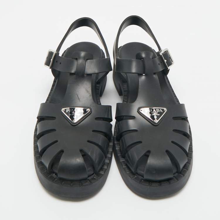 Pre Owned Prada Black Rubber Monolith Ankle Strap Sandals Size 40