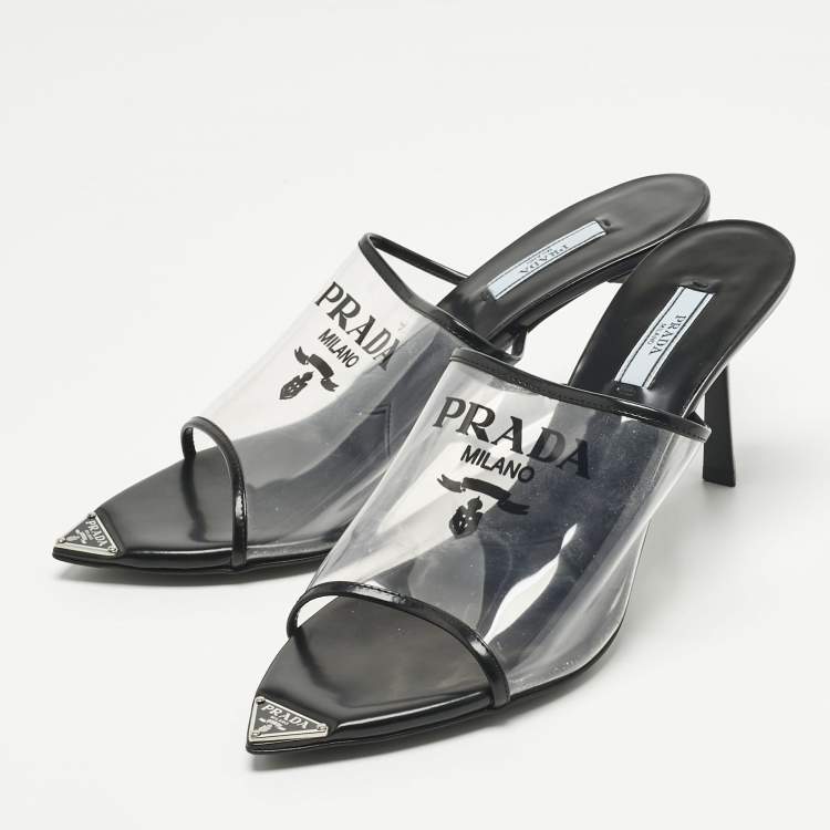 Pre Owned Prada Transparent PVC Logo Open Toe Mules Size 39.5