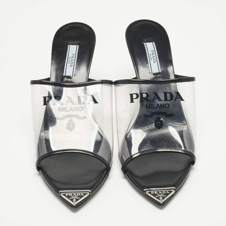 Pre Owned Prada Transparent PVC Logo Open Toe Mules Size 39.5