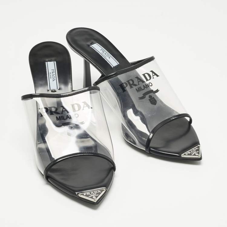 Pre Owned Prada Transparent PVC Logo Open Toe Mules Size 39.5