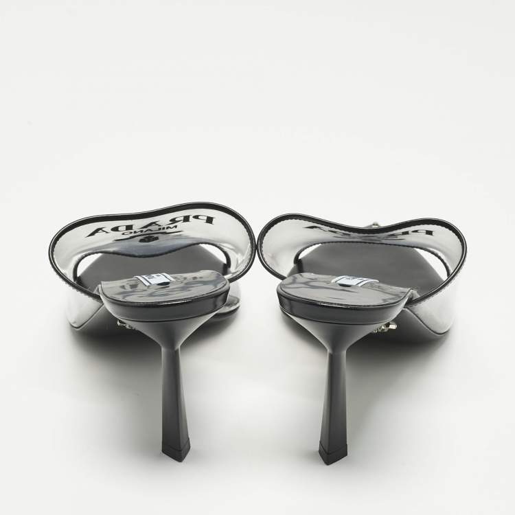 Pre Owned Prada Transparent PVC Logo Open Toe Mules Size 39.5