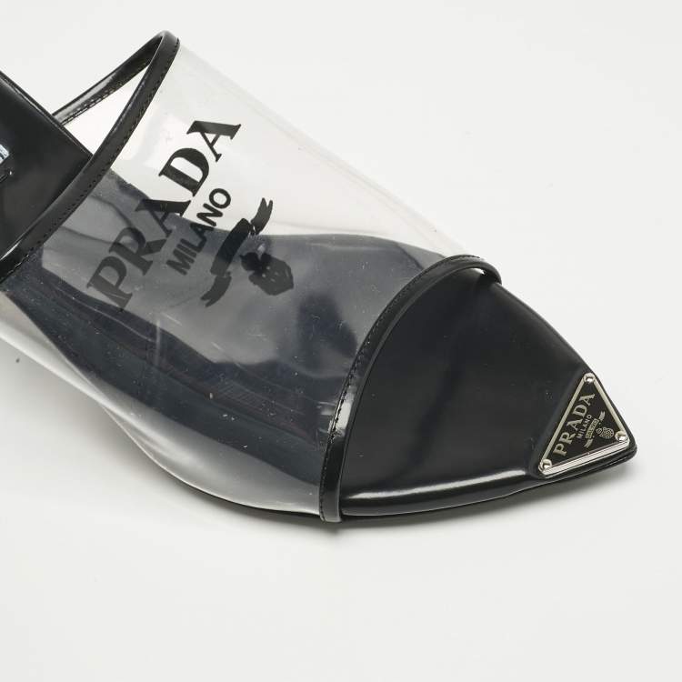 Pre Owned Prada Transparent PVC Logo Open Toe Mules Size 39.5