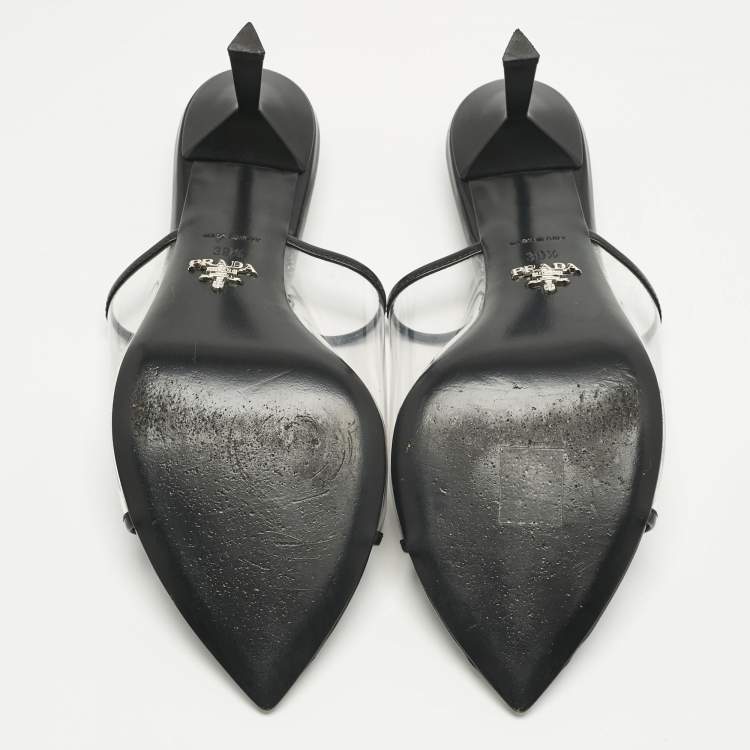Pre Owned Prada Transparent PVC Logo Open Toe Mules Size 39.5