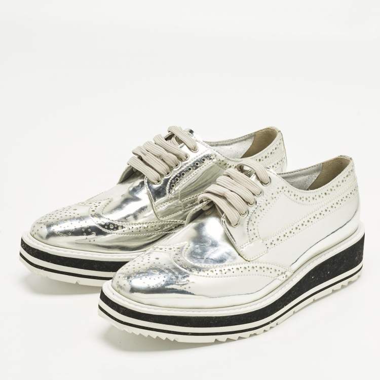 Pre Owned Prada Silver Patent Leather Derby Sneakers Size 37