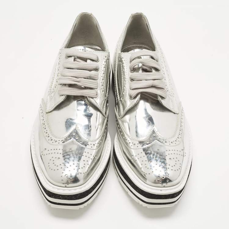 Pre Owned Prada Silver Patent Leather Derby Sneakers Size 37