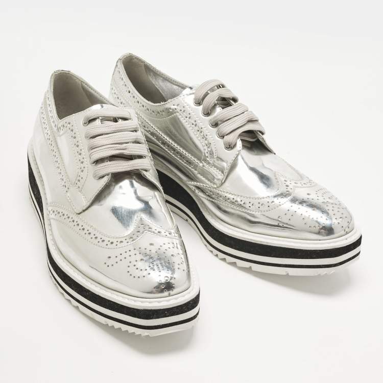 Pre Owned Prada Silver Patent Leather Derby Sneakers Size 37