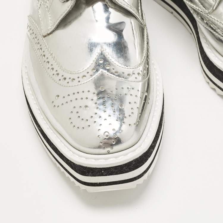 Pre Owned Prada Silver Patent Leather Derby Sneakers Size 37