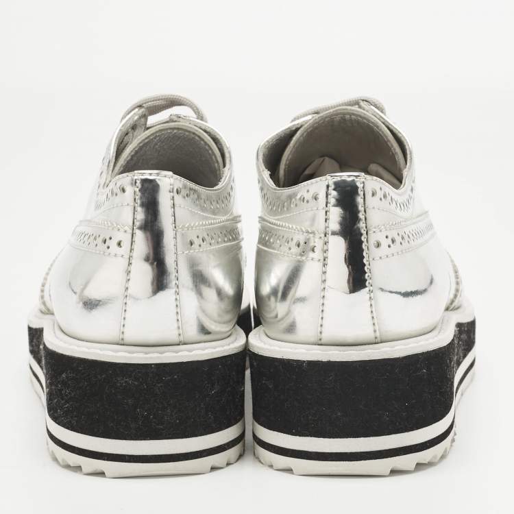 Pre Owned Prada Silver Patent Leather Derby Sneakers Size 37