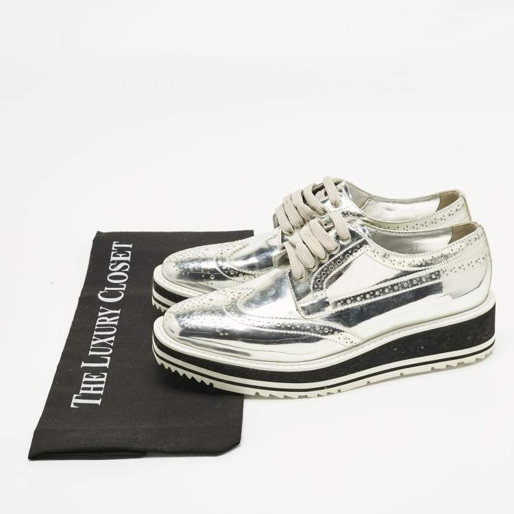 Pre Owned Prada Silver Patent Leather Derby Sneakers Size 37