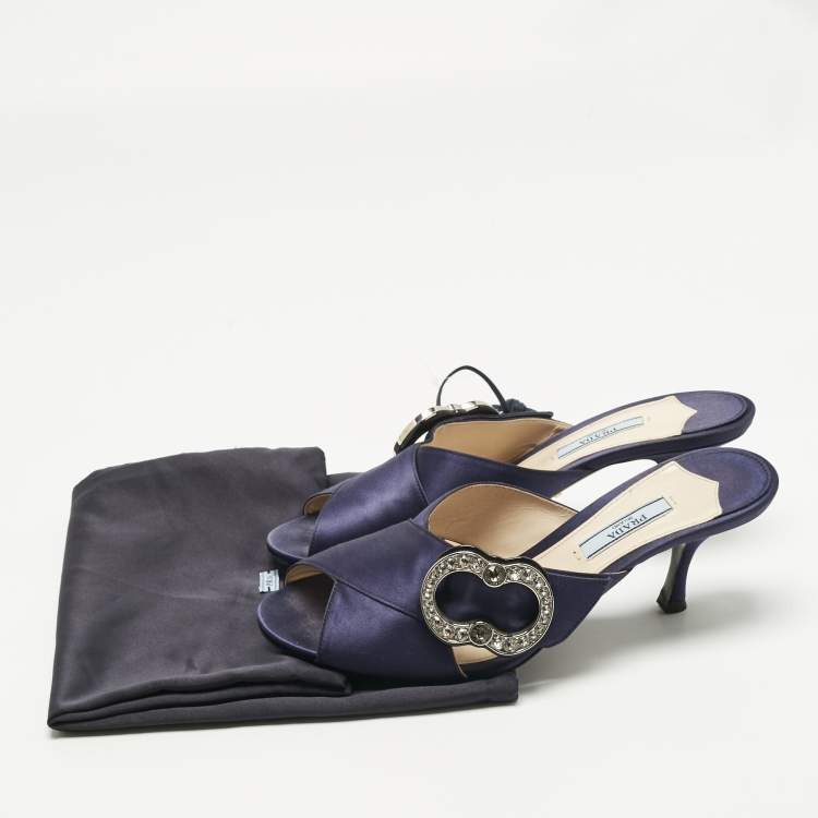 Pre Owned Prada Navy Blue Satin Crystal Embellished Slide Sandals Size 38