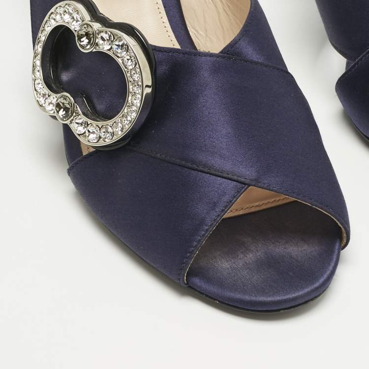 Pre Owned Prada Navy Blue Satin Crystal Embellished Slide Sandals Size 38